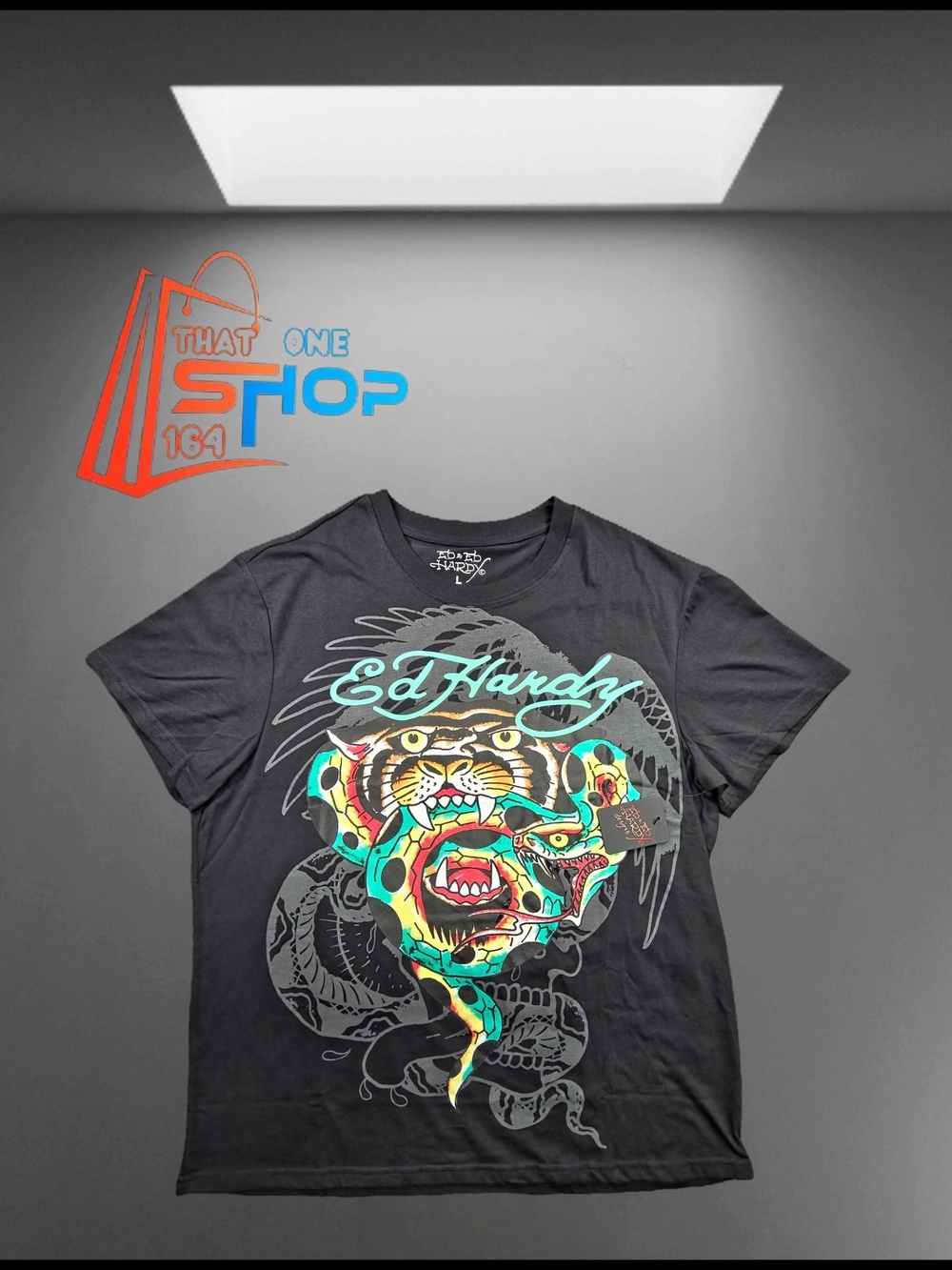Ed Hardy Men’s Black Graphic Tee with Vibrant Snake & Tiger Design